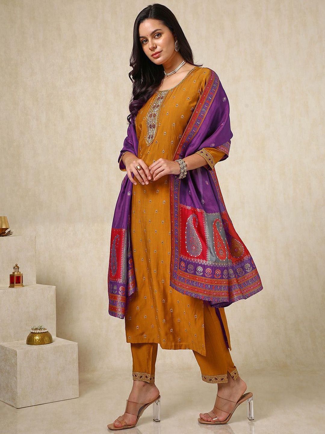 Dhiyona SO Women's Ethnic Motifs Embroidered Mirror Work Straight Kurta with Trousers & Dupatta