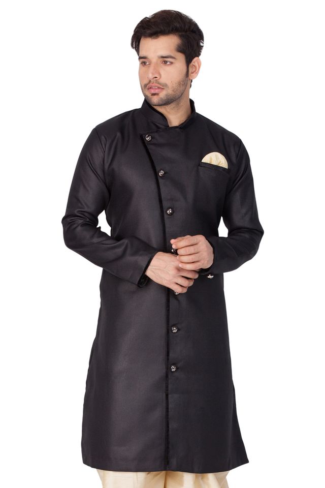 Men's Black Cotton Blend Regular Sherwani Set