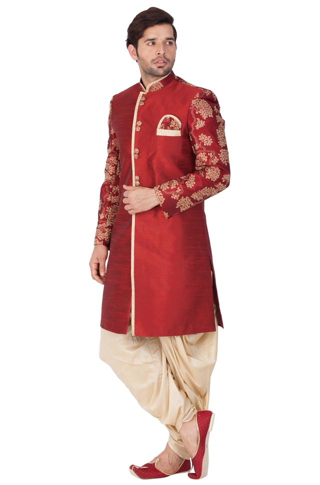 Men's Maroon Silk Blend Regular Sherwani Set