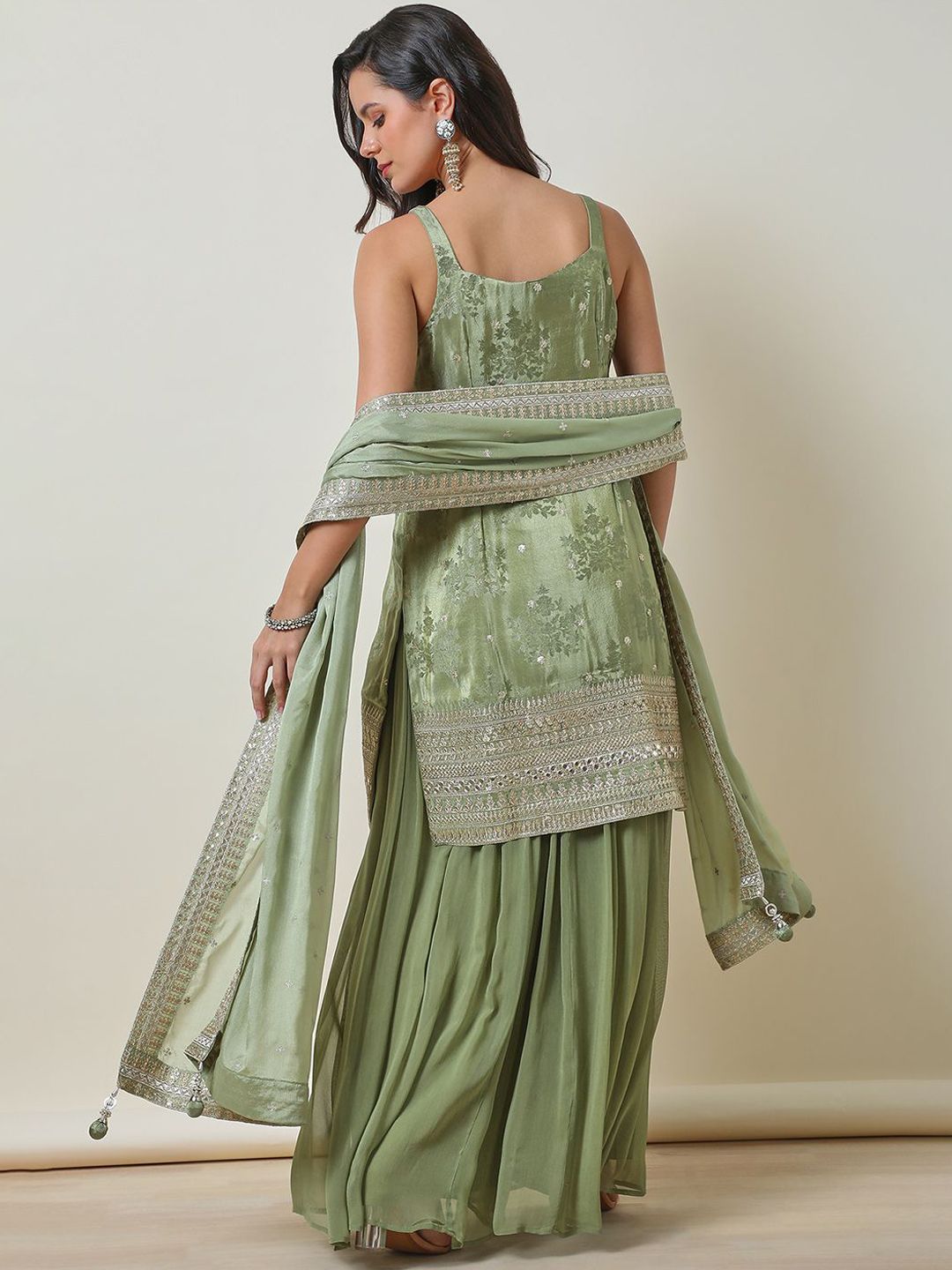 Dhiyona SO Women's Floral Embroidered Mirror Work Straight Kurti with Palazzos & Dupatta