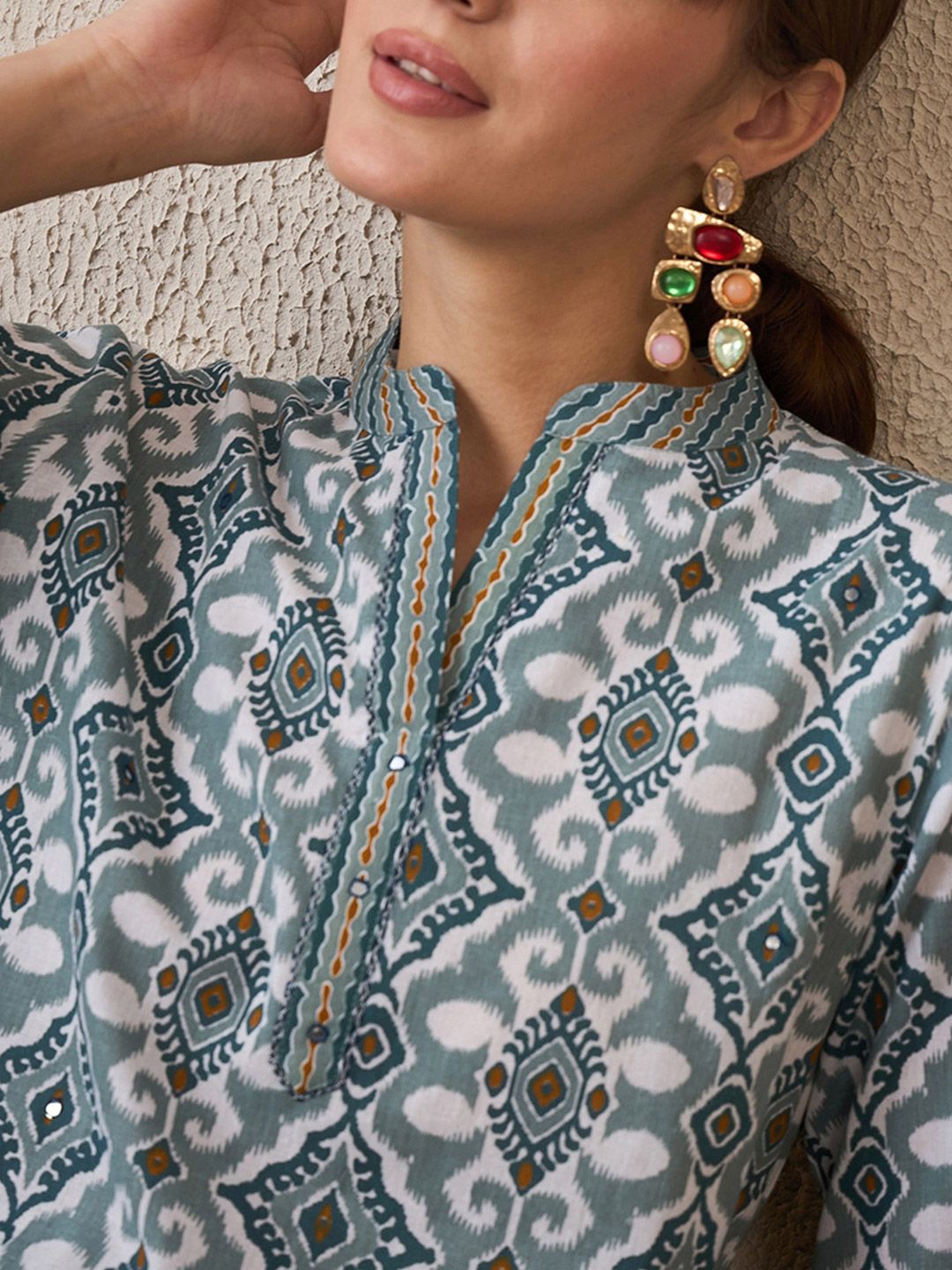 Dhiyona IE Abstract Printed Pure Cotton Straight Kurta With Trousers & Dupatta
