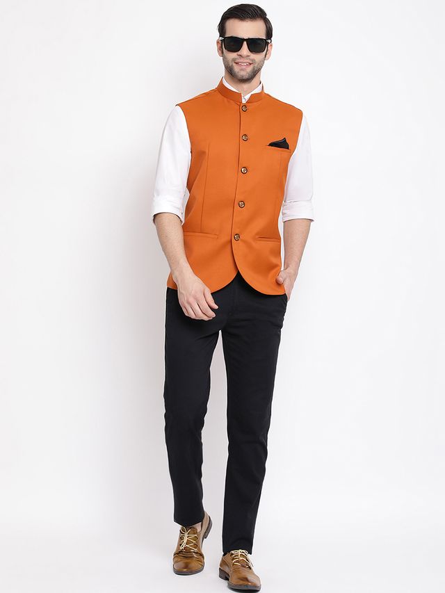 Men's Orange Cotton Silk Straight Nehru Jacket