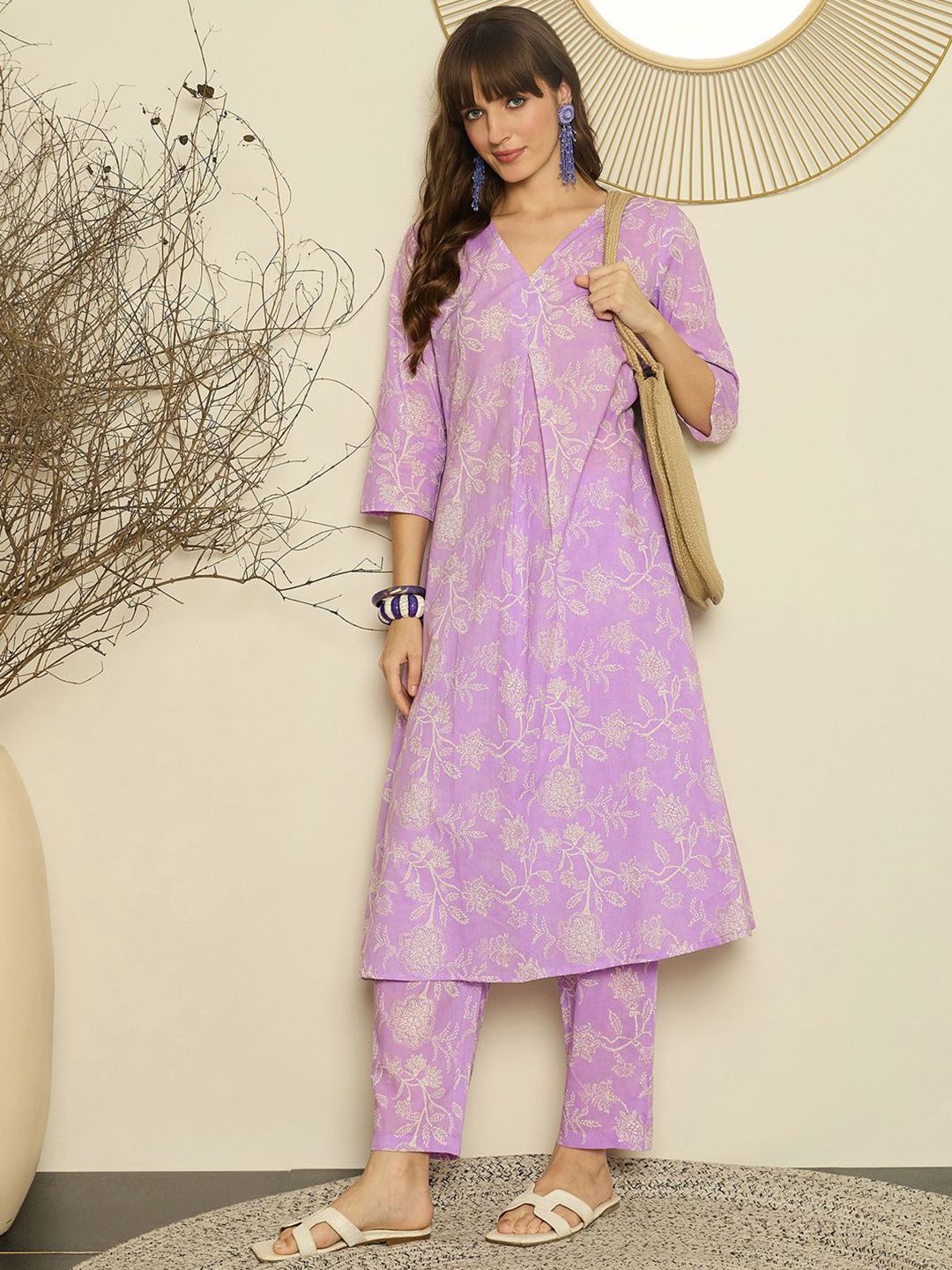 Floral Printed V-Neck A-Line Pure Cotton Kurta with Trousers