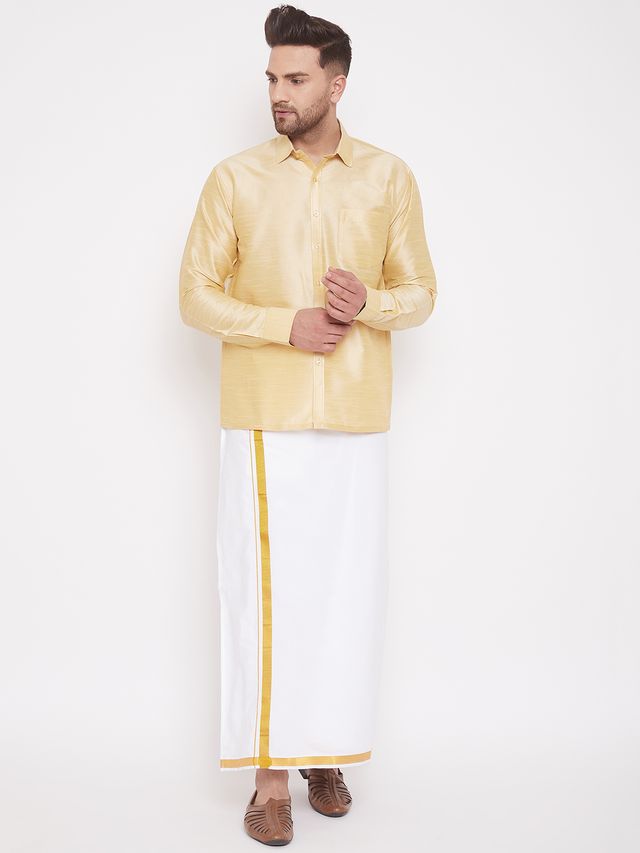 Men's Gold Silk Blend Straight Shirt And Mundu 36 Men's Gold Silk Blend Straight Shirt And Mundu 36