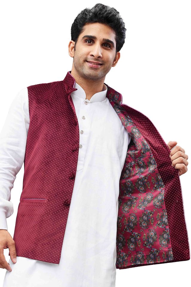 Men's Maroon Velvet Straight Nehru Jacket