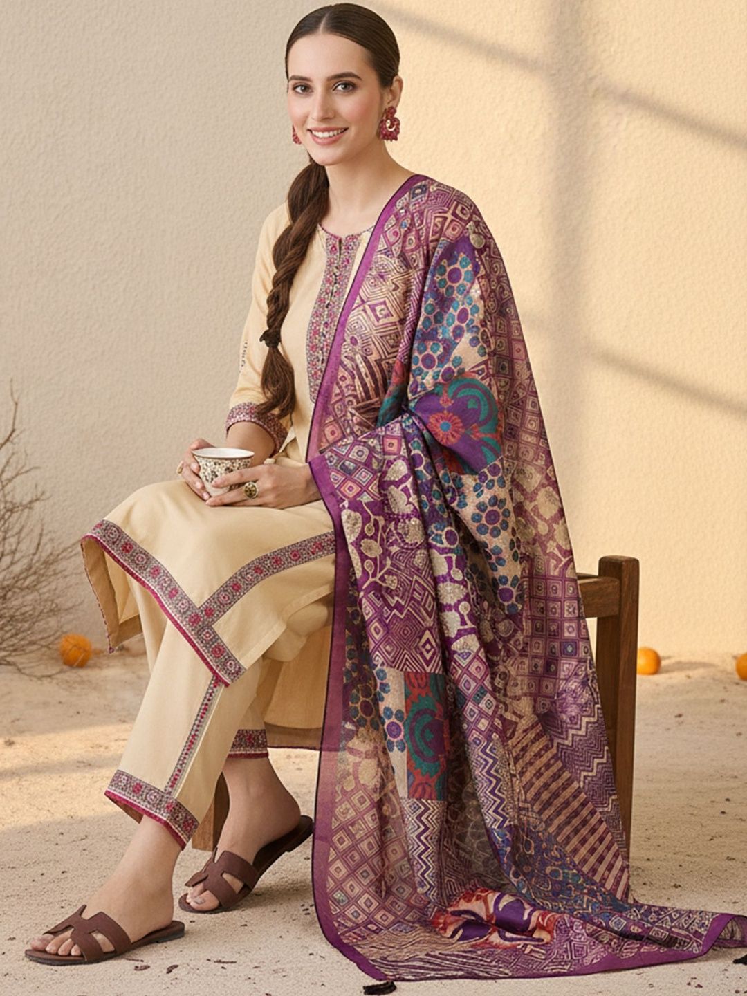 Ethnic Motifs Embroidered Regular Thread Work Kurta With Trouser & Dupatta