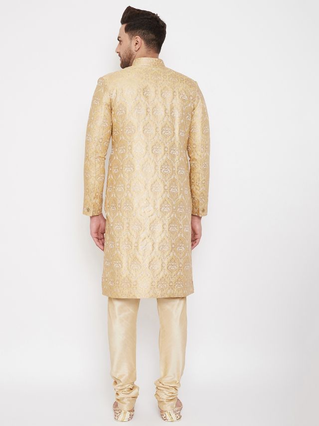 Men's Gold Silk Blend Straight Sherwani Set