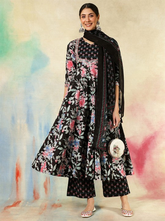 Women's Floral Printed V-Neck Anarkali Pure Cotton Kurta With Palazzos And Dupatta