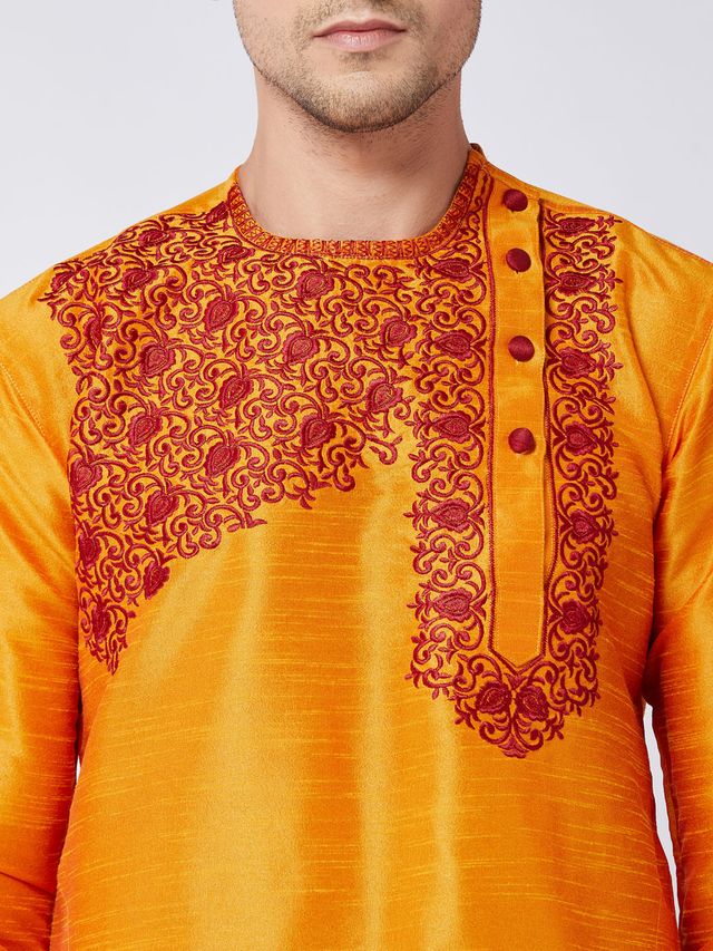 Men's Orange Silk Blend Angrakha Kurta and Dhoti Set