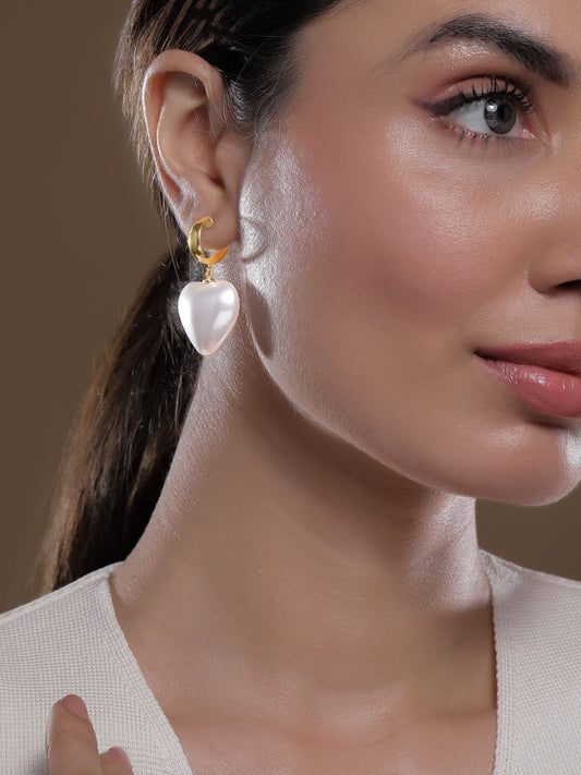 Dhiyona RJ Women's 18K Gold Plated Shiny White Pearl Heart Drop Earrings