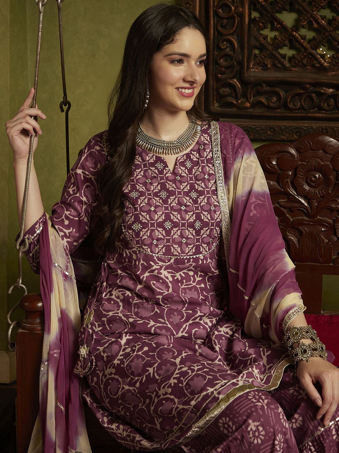 Dhiyona SN Women's Floral Printed Pleated Mirror Work Pure Cotton Kurta with Sharara & Dupatta