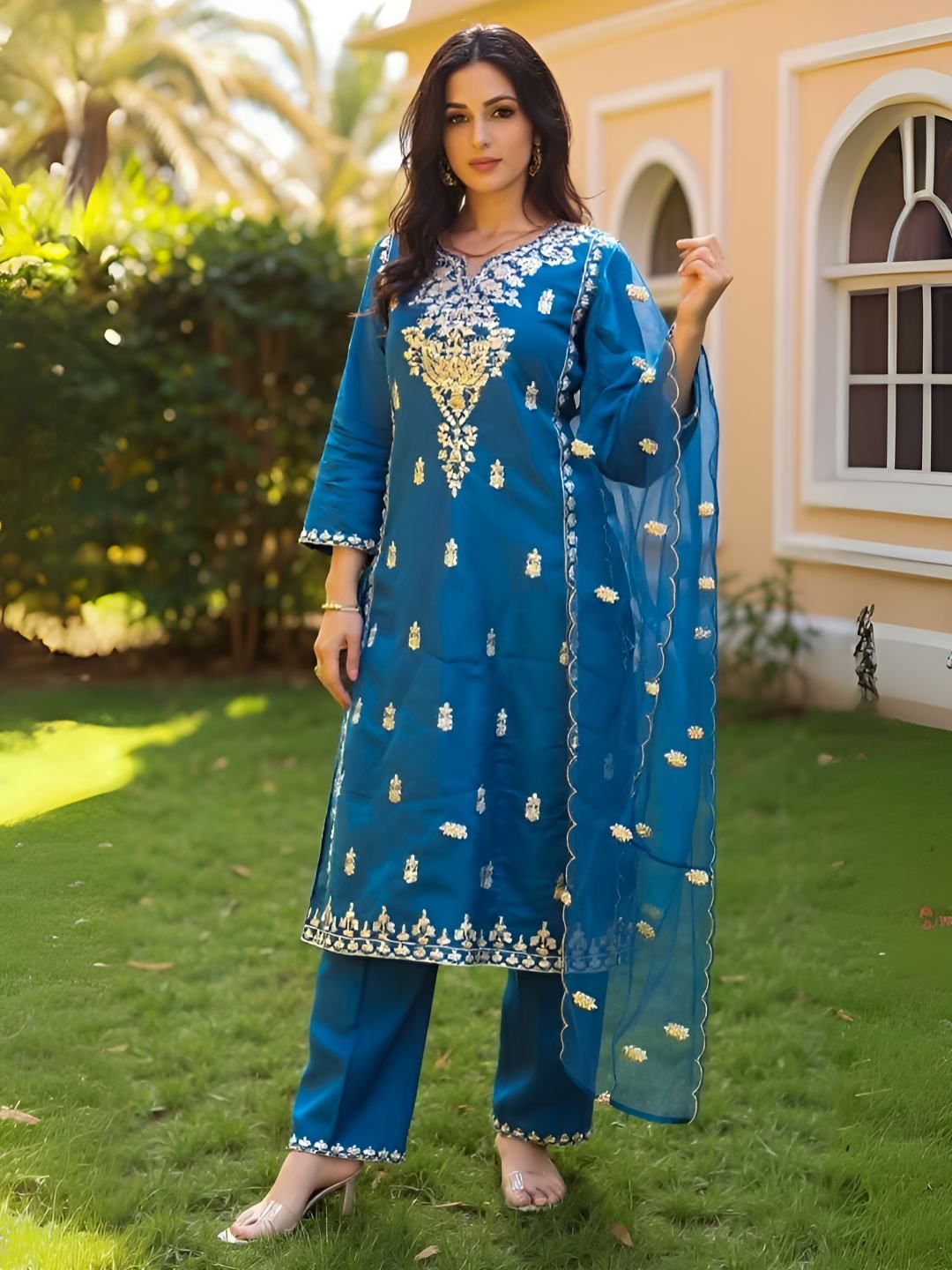 Dhiyona IE Women's Women Ethnic Motifs Embroidered Thread Work Kurta with Trousers & Dupatta