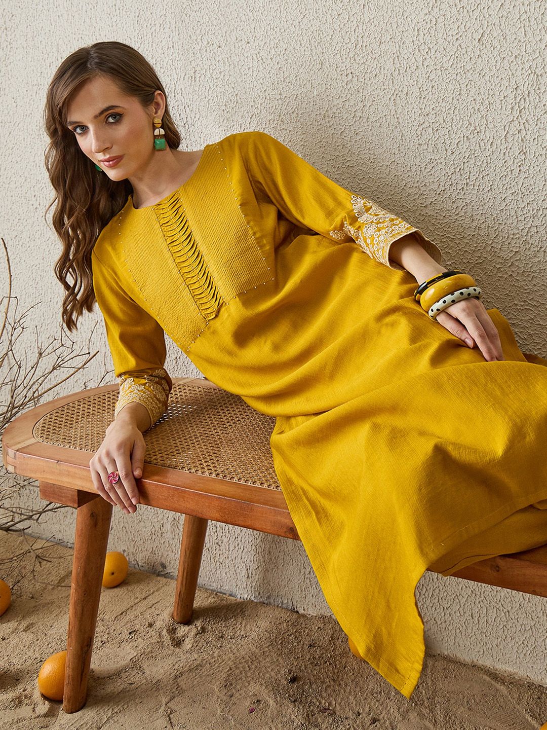 Women Mustard Ethnic Motifs Embroidered Regular Straight Kurta Sets