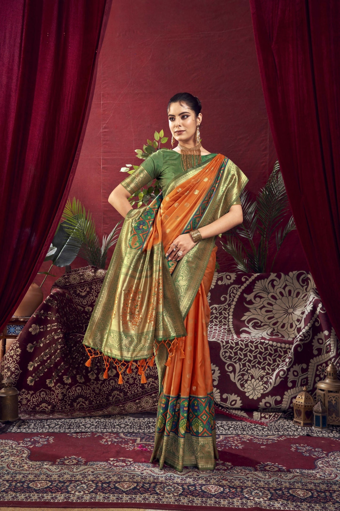 Women Paithani Nidhi Orange Saree With Unstiched Blouse