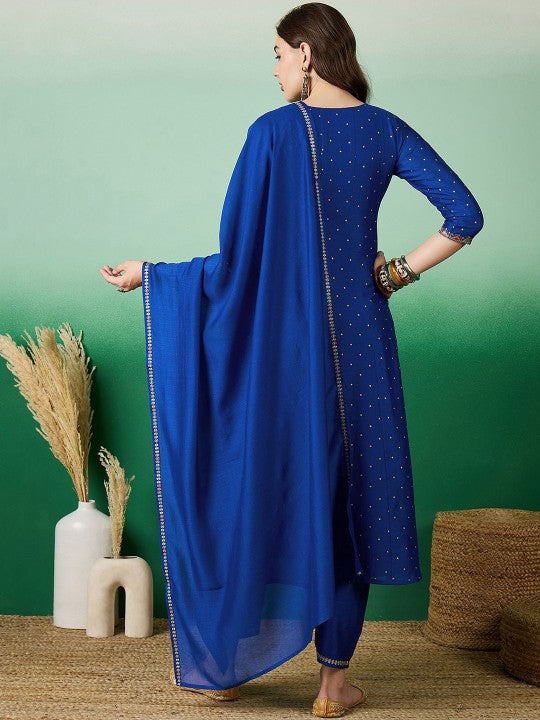 Women's Blue floral Embroidered A-Line Kurta & Trousers With Dupatta