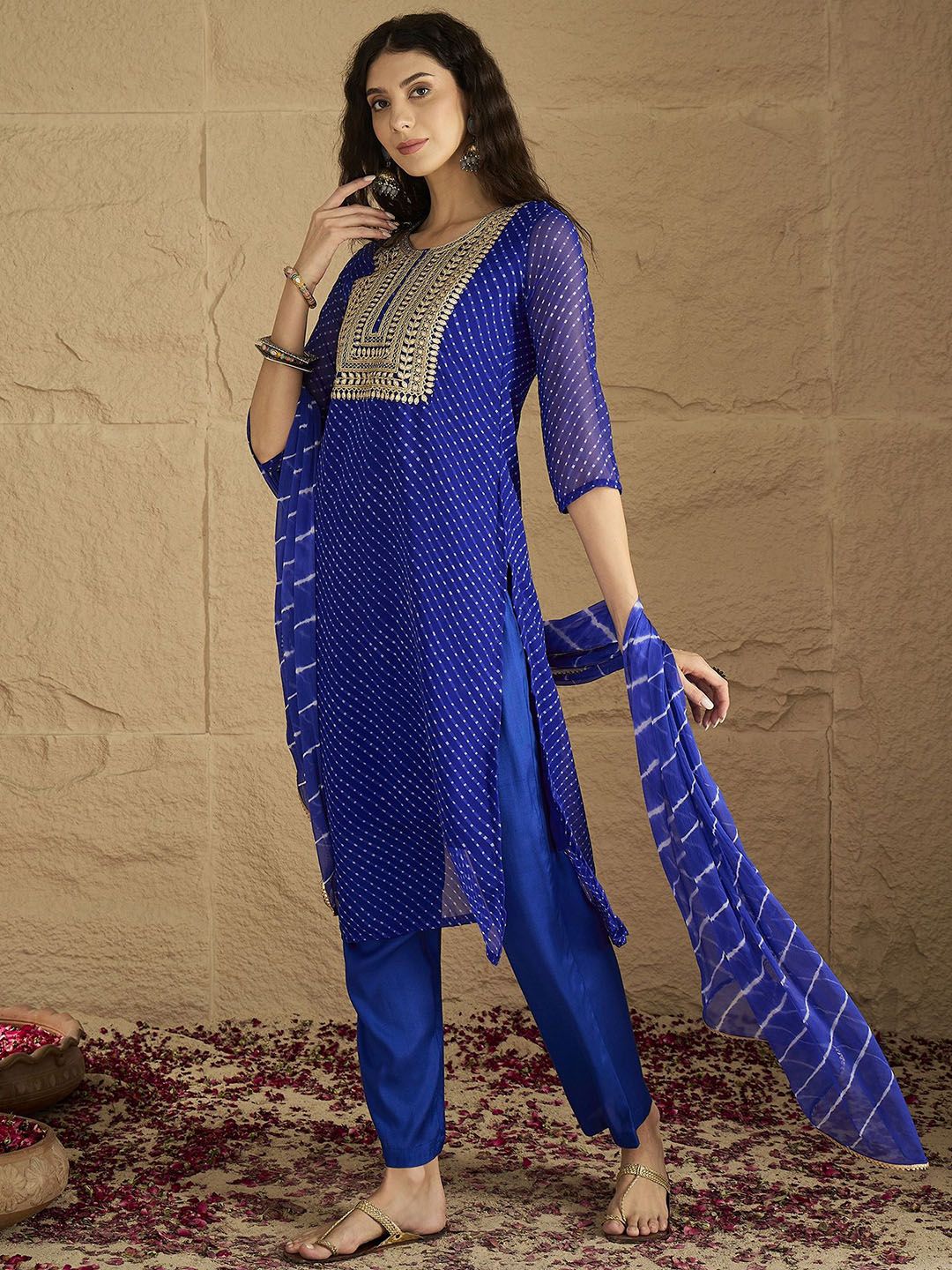 Dhiyona VA Women'sBandhani Printed Silk Georgette Round Neck Straight Kurta With Trousers & Dupatta