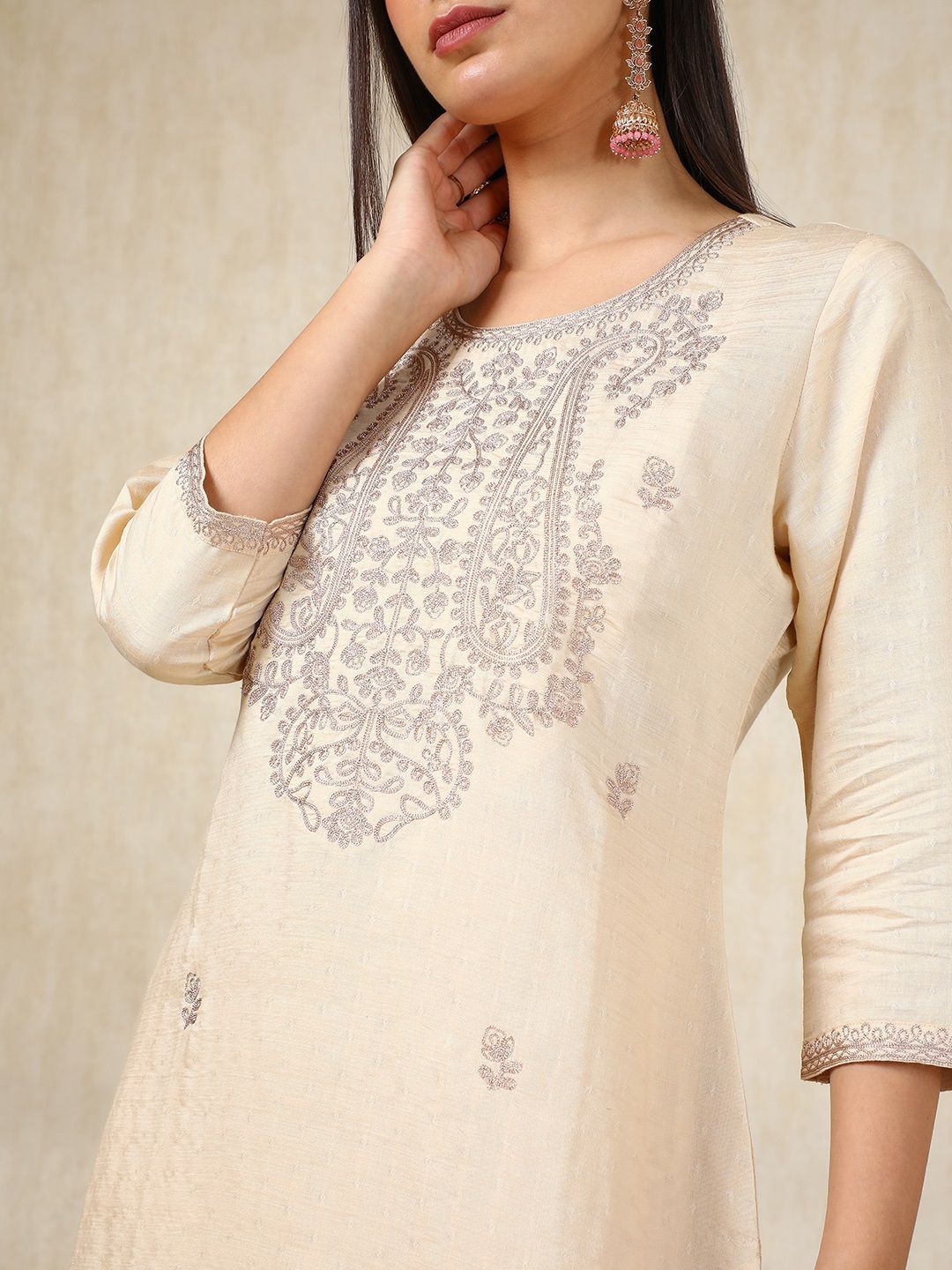 Dhiyona SO Women's Beige Paisley Embroidered Round Neck Regular Straight Kurta With Palazzo