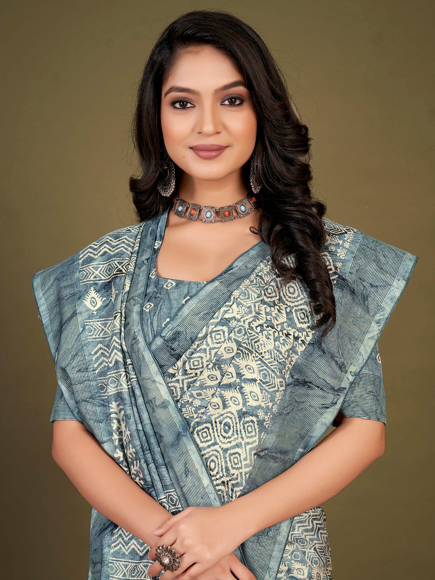 Women's Manipuri Silk Teal blue Printed Designer Saree With Blouse Piece