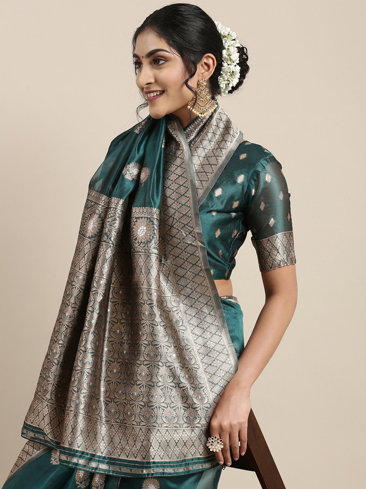 Women's Organza Teal blue Woven Design Celebrity Saree With Blouse Piece