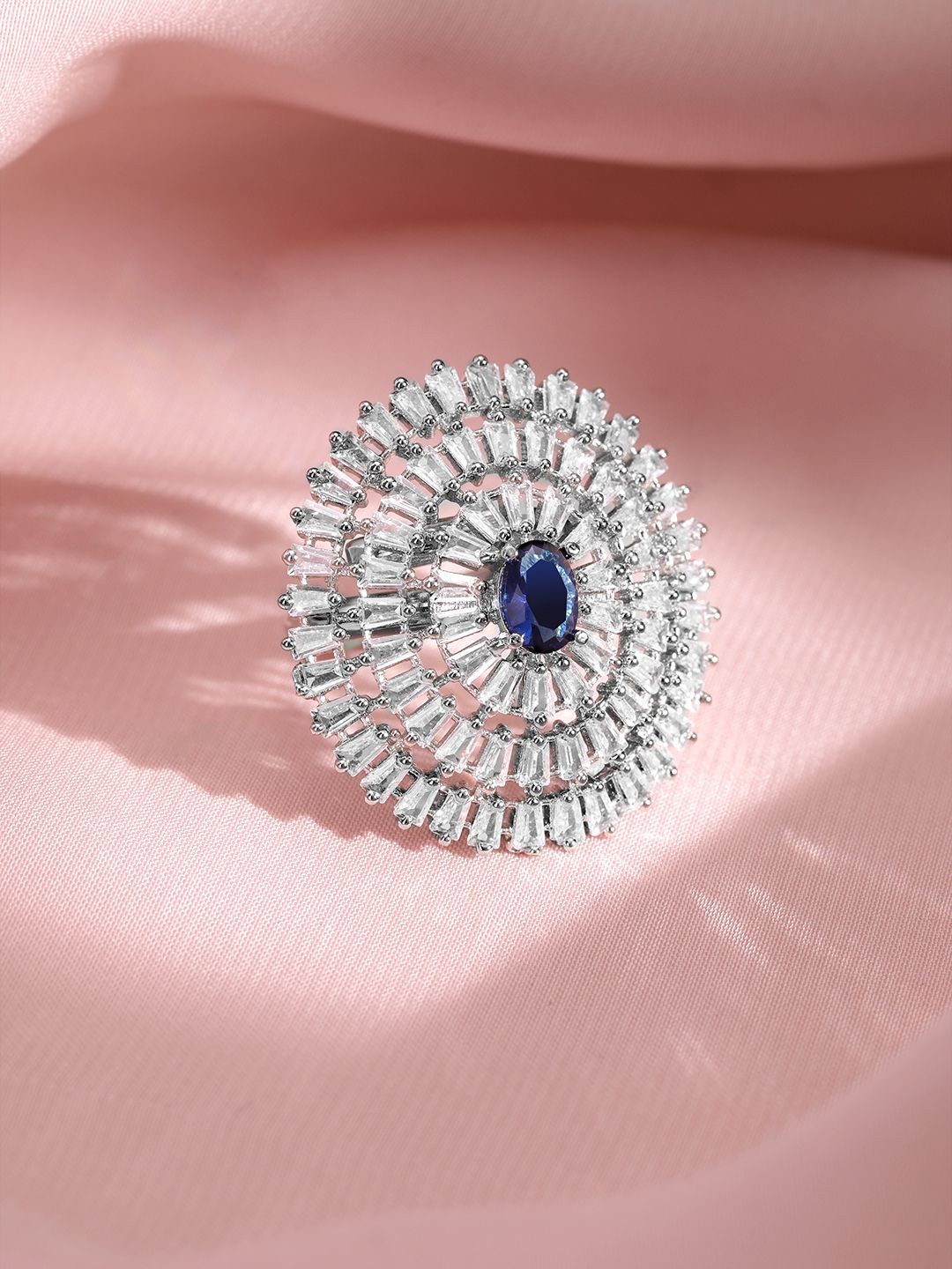 Dhiyona RJ Women's Rhodium-Plated Blue Sapphire & Zirconia Studded Adjustable Finger Ring