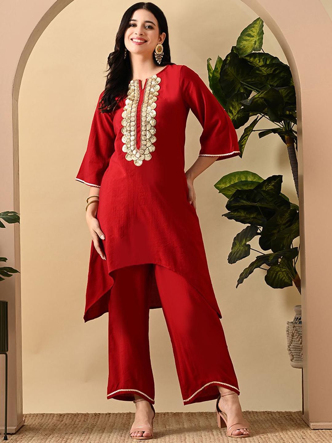 Dhiyona SN Women's Embroidered Keyhole Neck Bell Sleeves Kurta & Palazzos Set with dupatta