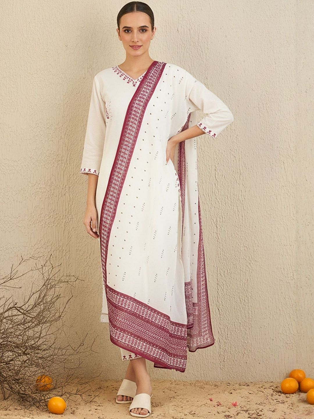 Embroidered V-Neck Thread Work Pure Cotton Straight Kurta With Trousers & Dupatta