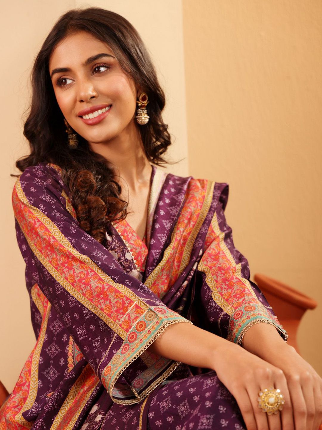Dhiyona VA Women'sEthnic Motifs Printed Gotta Patti Chanderi Silk Kurta With Trousers & Dupatta