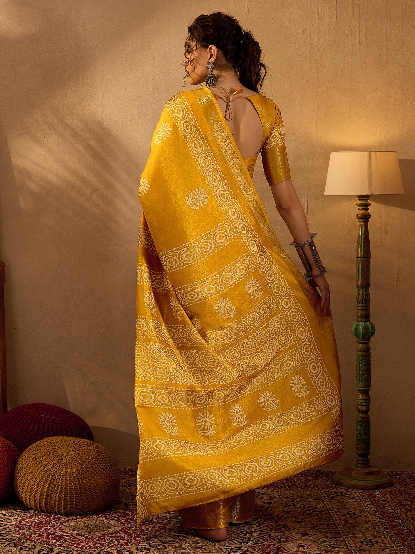 Women's Silk Blend Mustard Printed Designer Saree With Blouse Piece