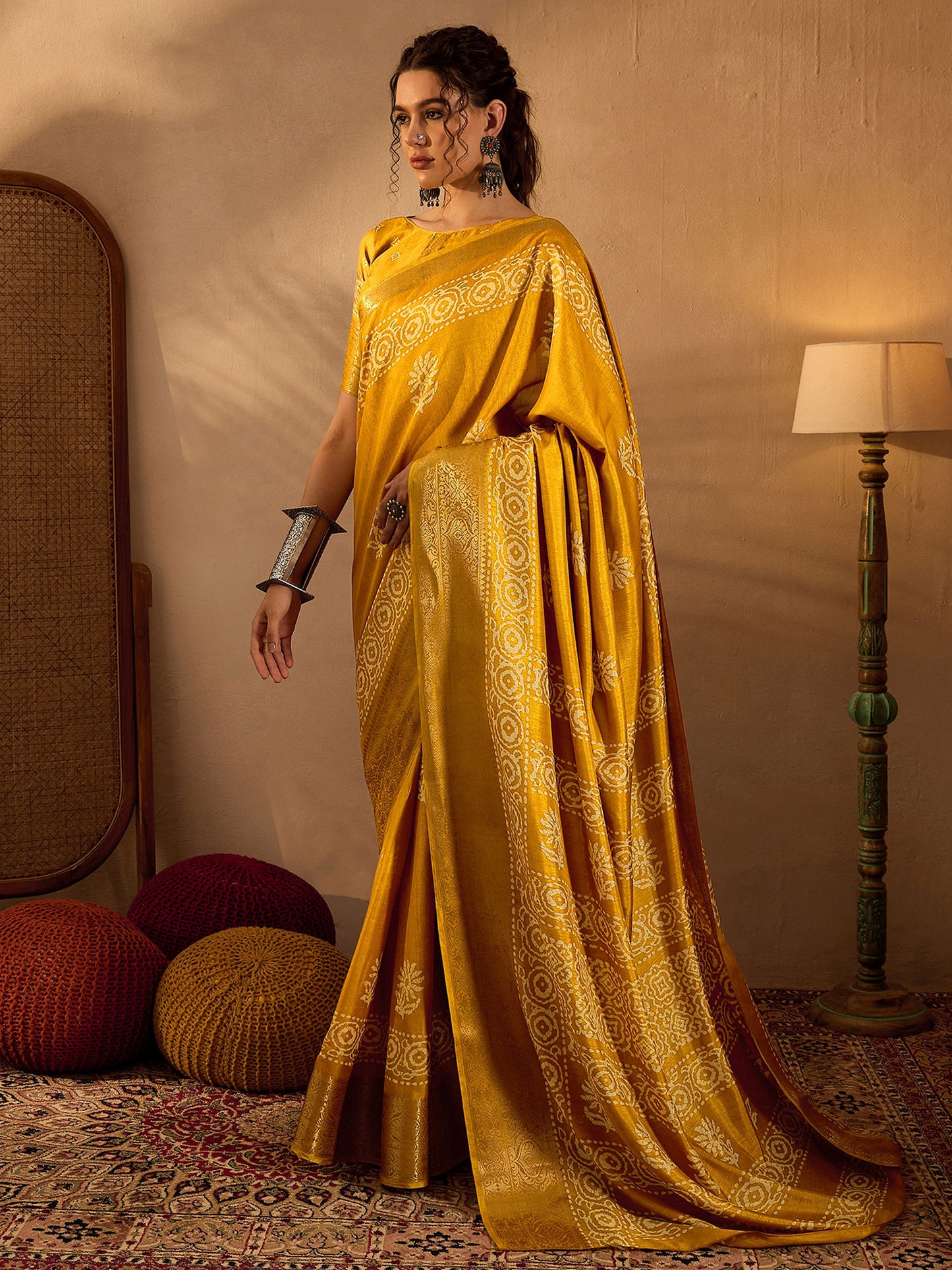 Women's Silk Blend Mustard Printed Designer Saree With Blouse Piece