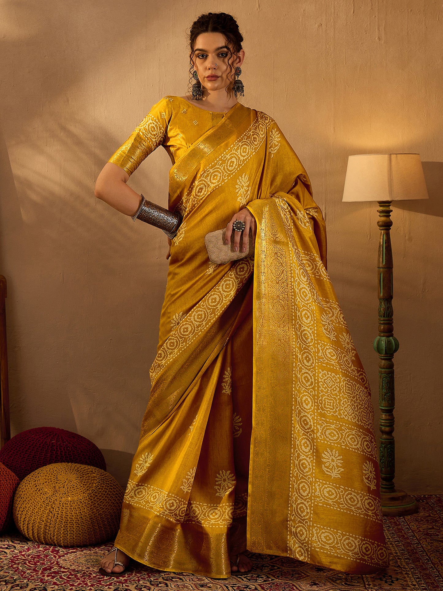Women's Silk Blend Mustard Printed Designer Saree With Blouse Piece