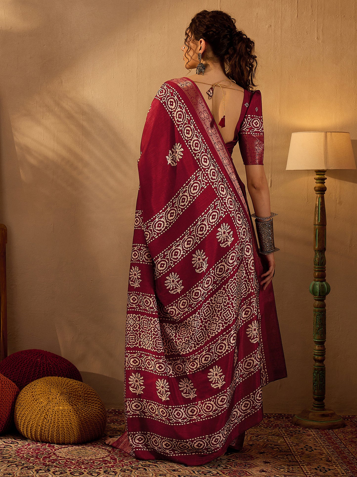 Women's Silk Blend Maroon Printed Designer Saree With Blouse Piece