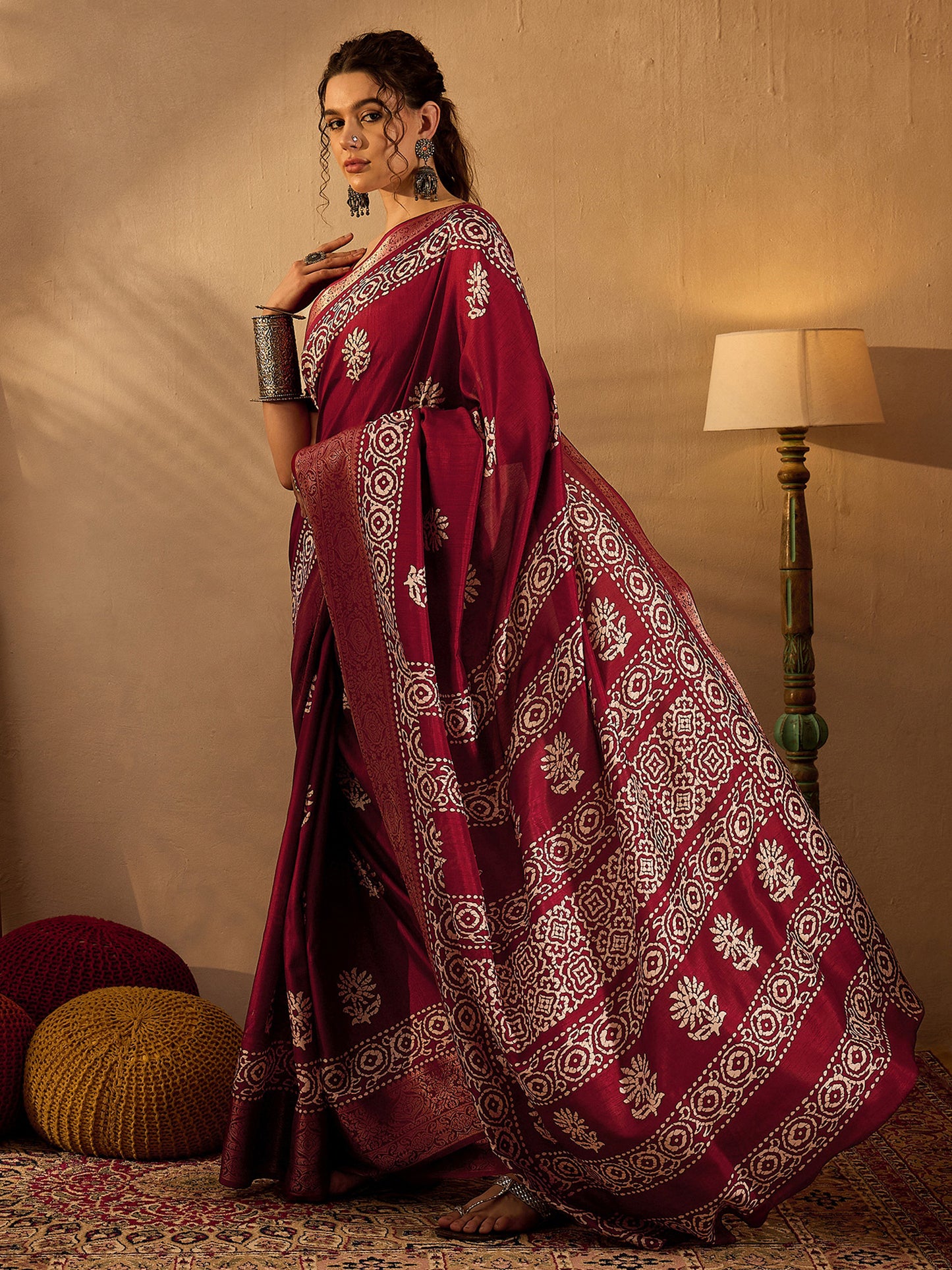 Women's Silk Blend Maroon Printed Designer Saree With Blouse Piece