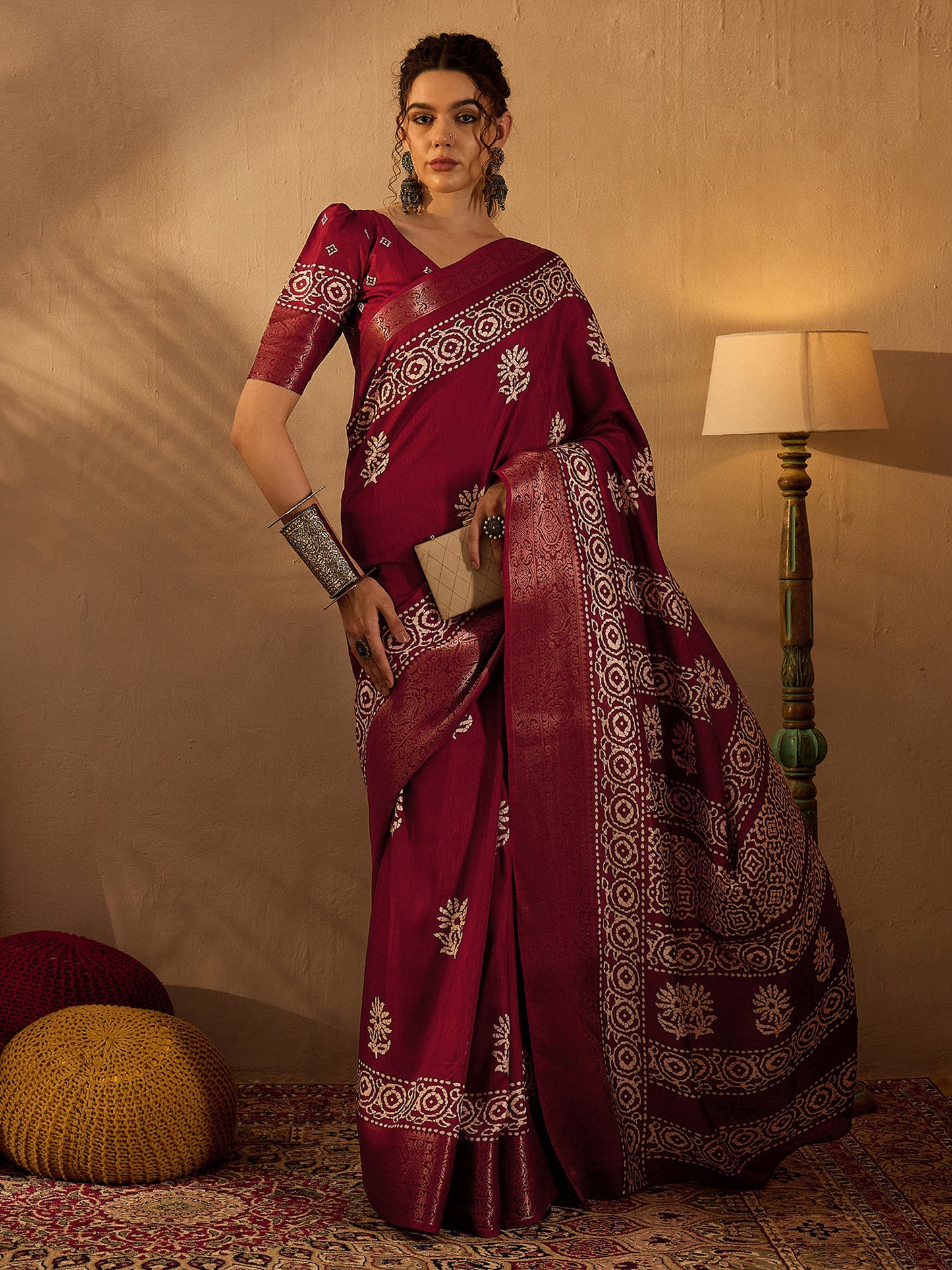 Women's Silk Blend Maroon Printed Designer Saree With Blouse Piece