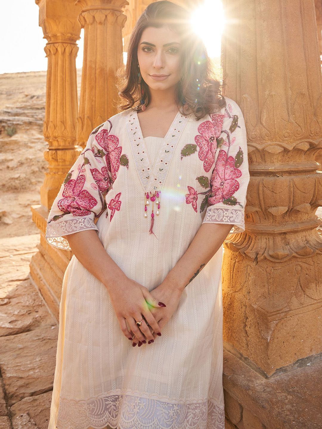 Floral Embroidered Beads And Stones V-Neck A-Line Pure Cotton Kurta With Trousers