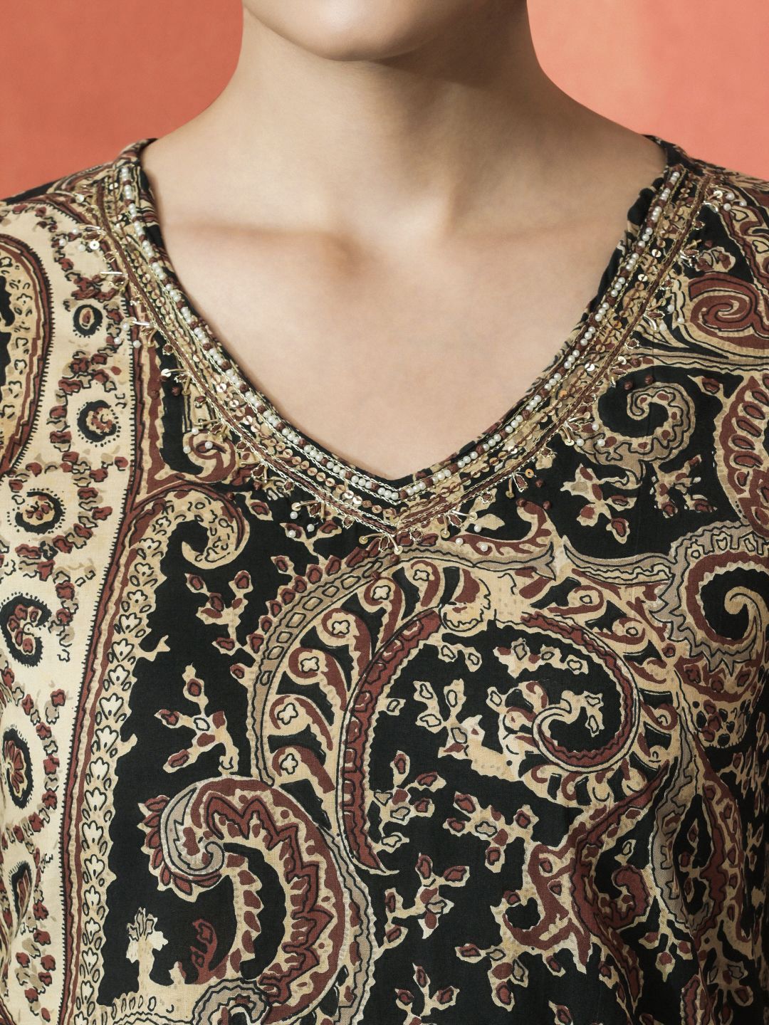 Dhiyona SN Women's Paisley Printed V-Neck Beaded Pure Cotton Straight Kurta With Salwar And Dupatta
