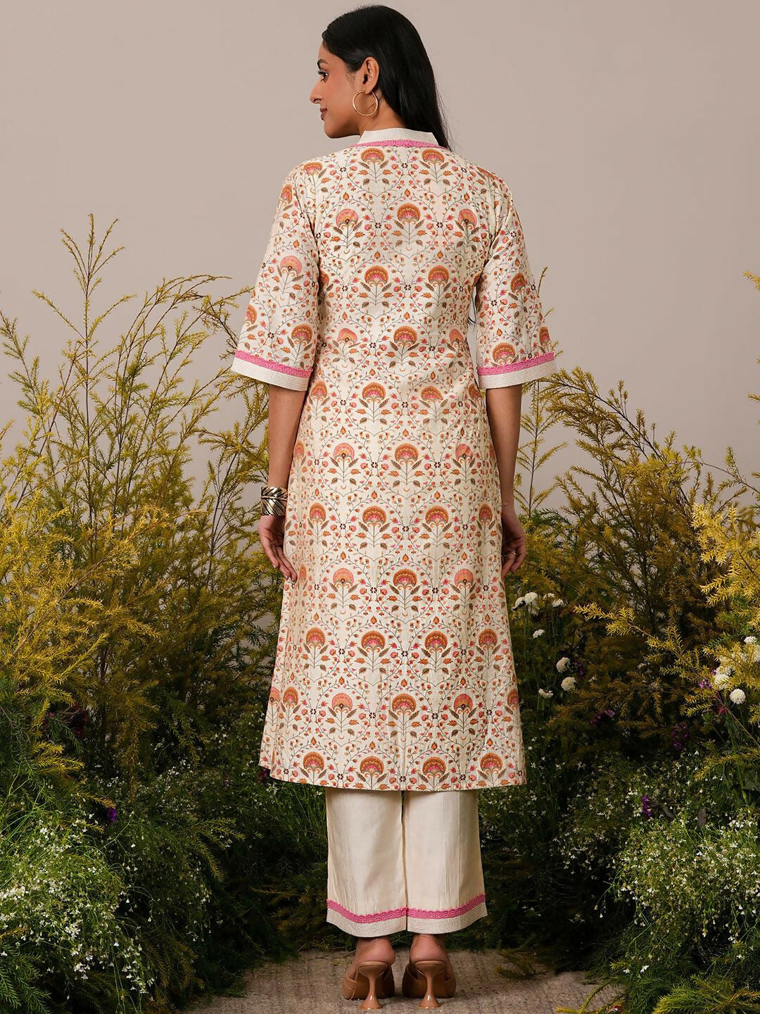 Women's LB Beige Printed Chanderi Silk A-Line Kurta With Palazzos