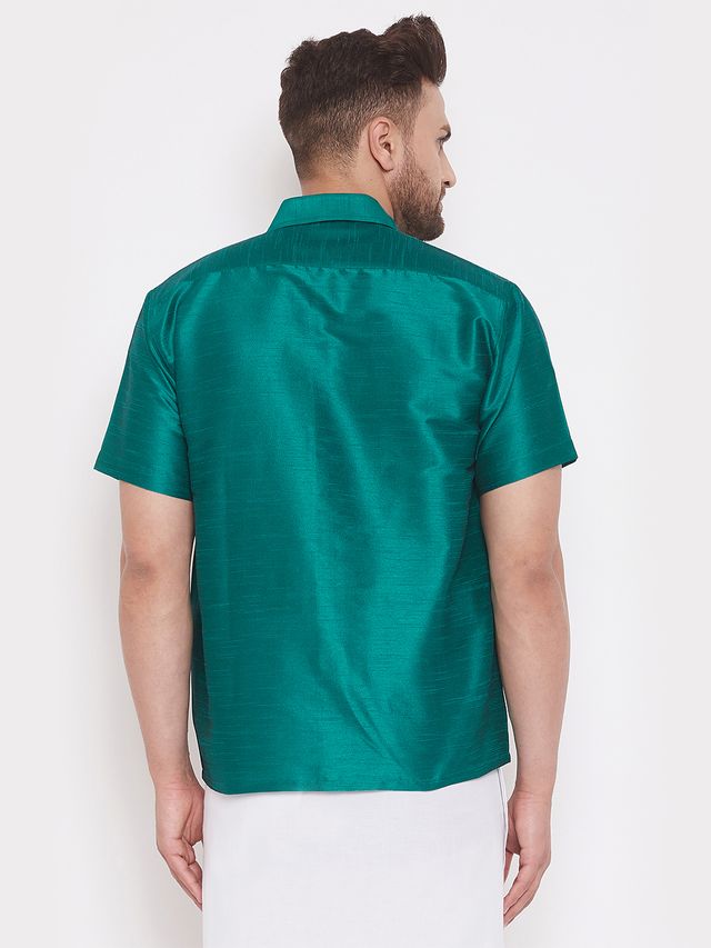 Men's Green Silk Blend Straight Shirt And Mundu