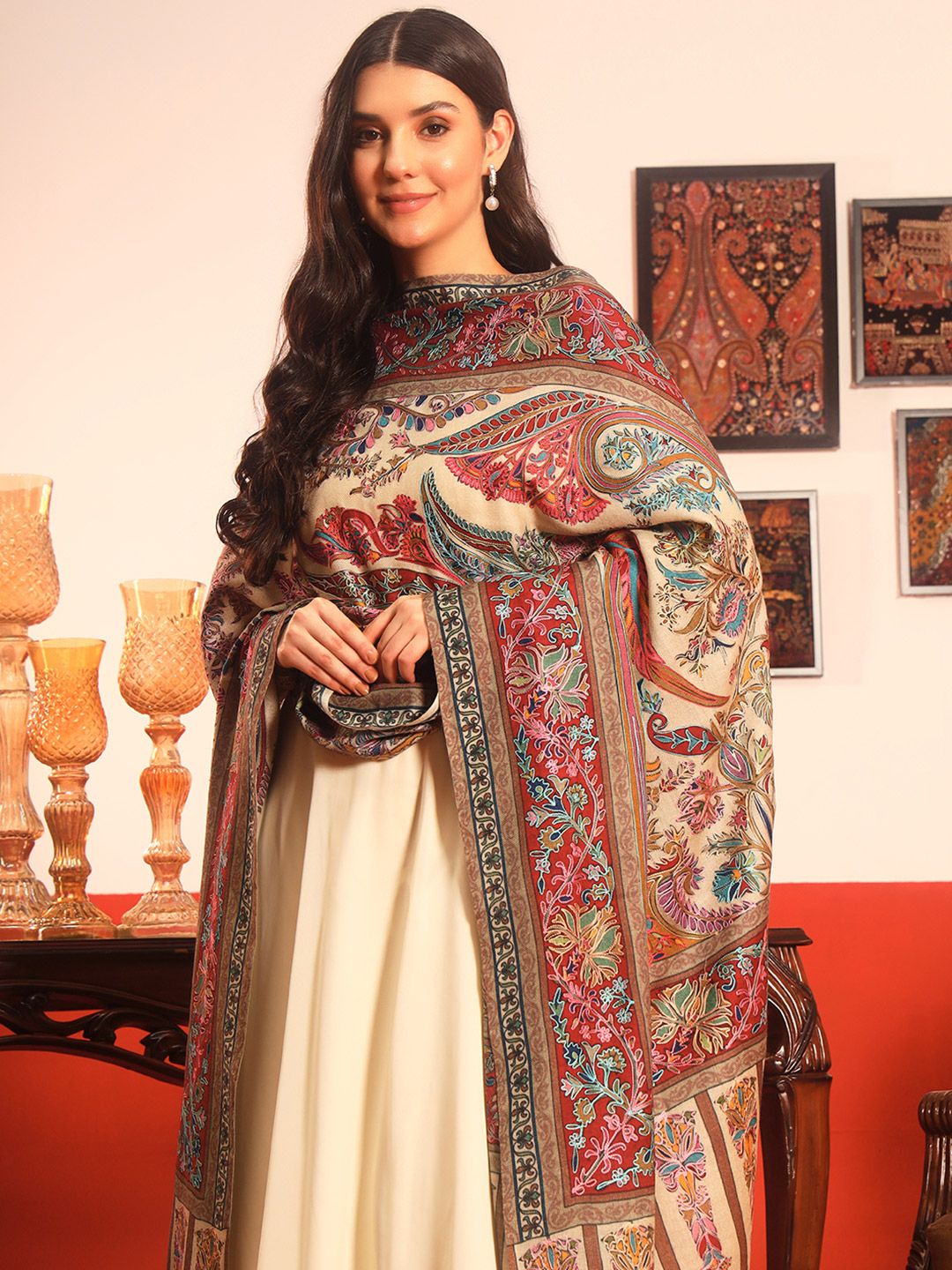 Dhiyona PA Paisley Embroidered Rangkalam Pure Wool Kalamkari Shawl