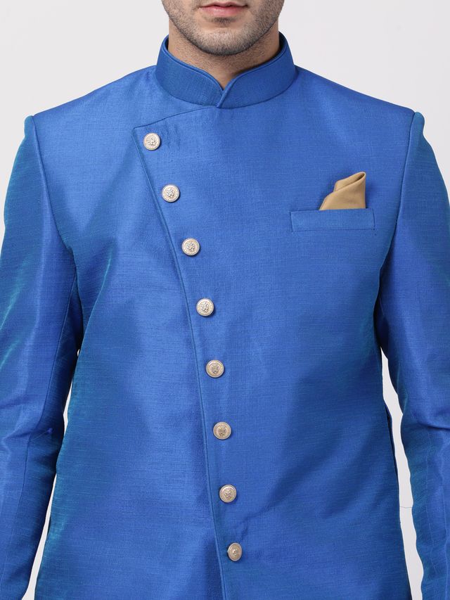 Men's Blue Silk Blend Straight Sherwani Set