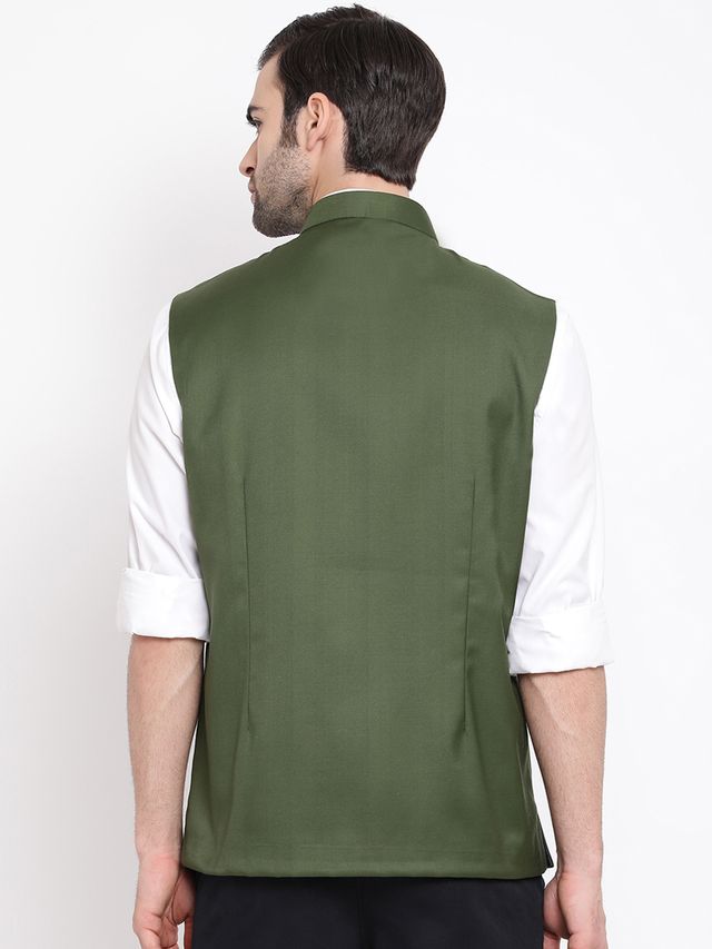 Men's Green Cotton Silk Straight Nehru Jacket