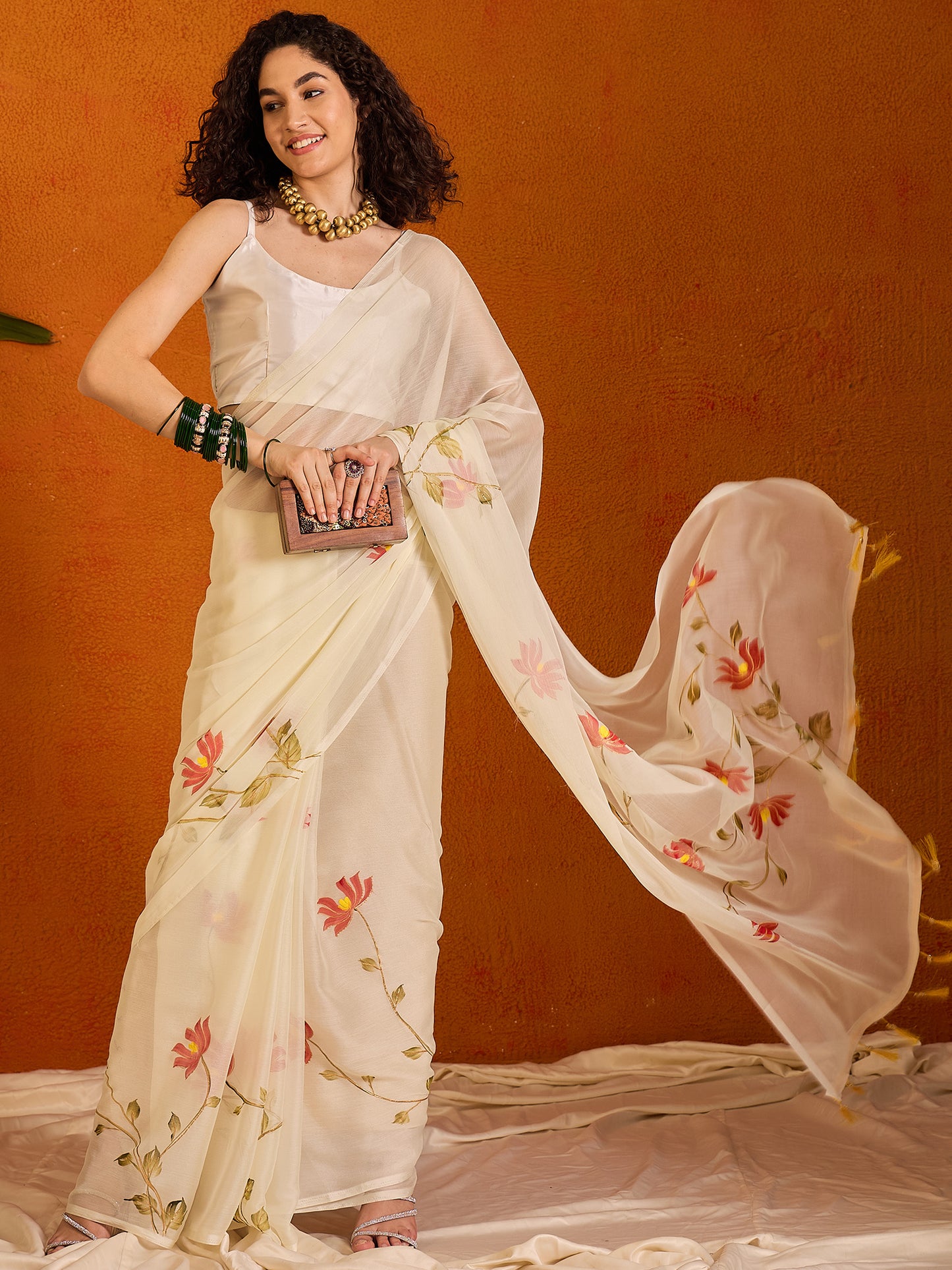 Women's Chiffon Off White Printed Designer Saree With Blouse Piece
