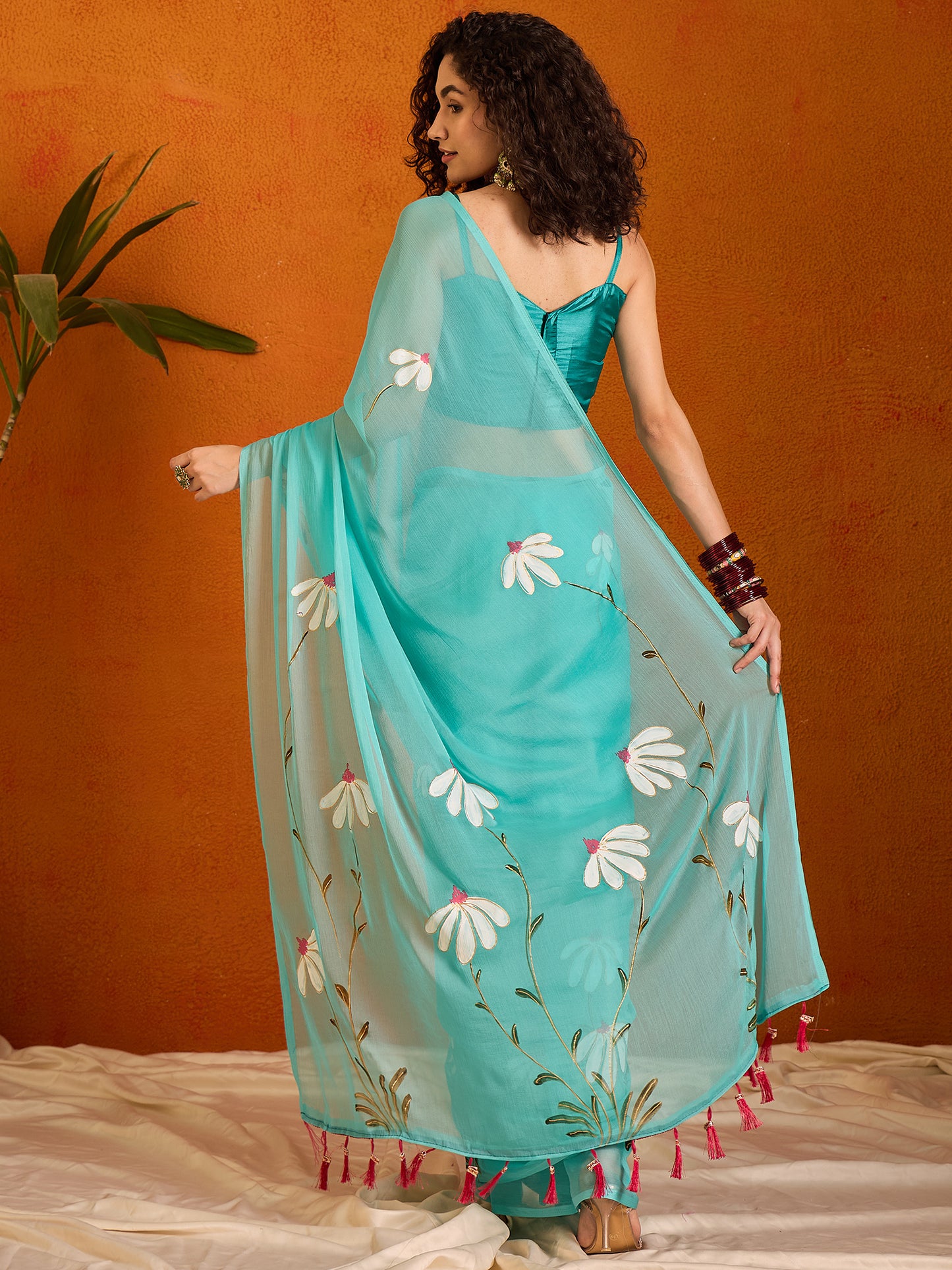 Women's Chiffon Light Blue Printed Designer Saree With Blouse Piece