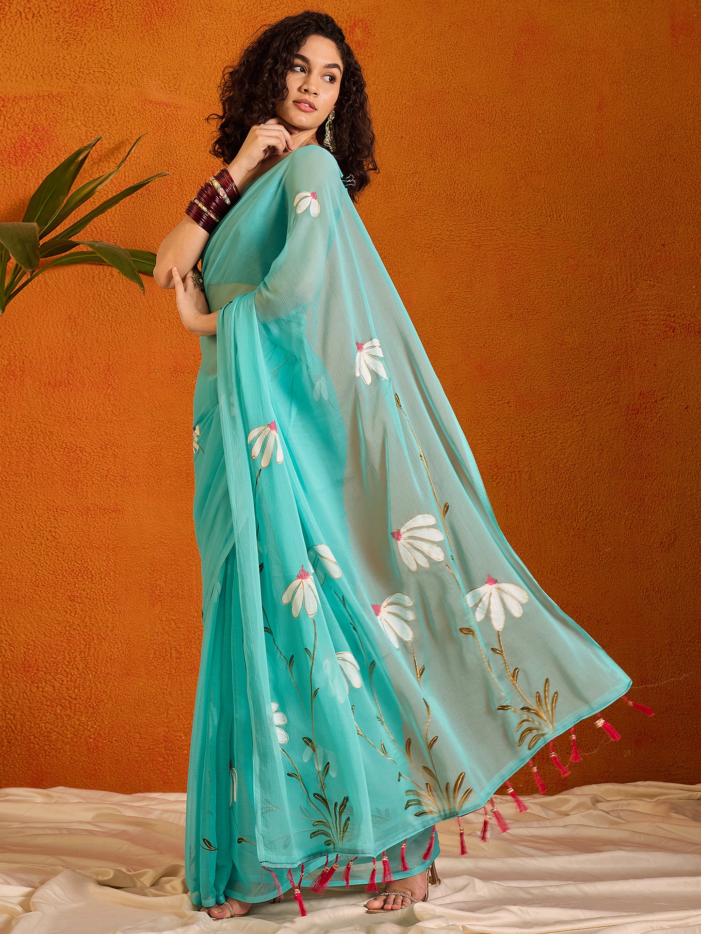 Women's Chiffon Light Blue Printed Designer Saree With Blouse Piece