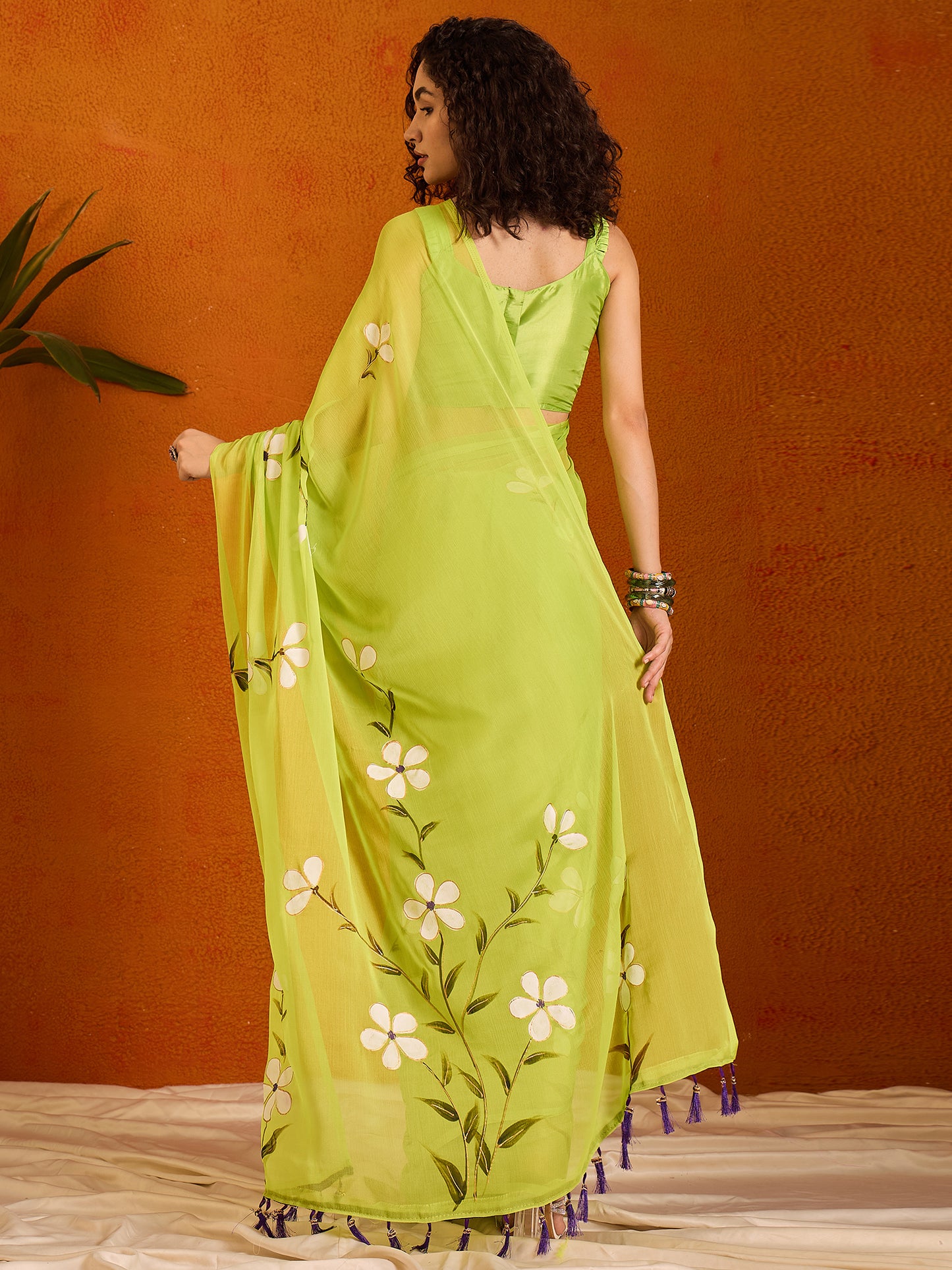 Women's Chiffon Light Green Printed Designer Saree With Blouse Piece