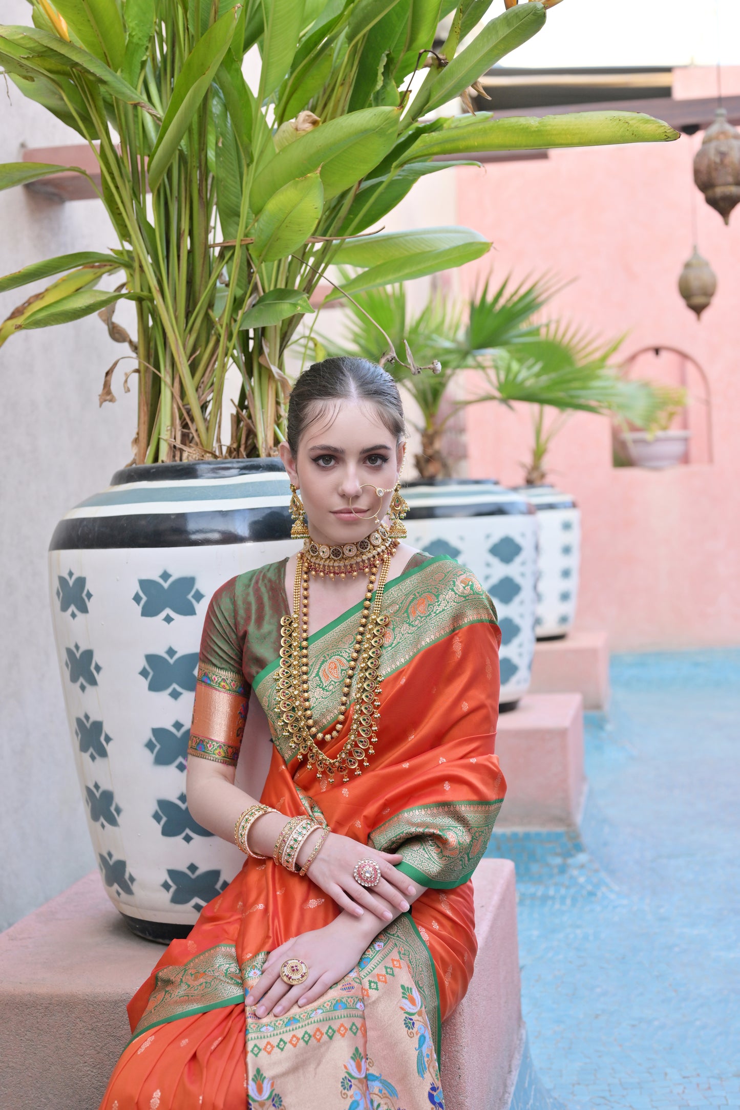 Women Paithani Aarti Orange Saree With Unstiched Blouse