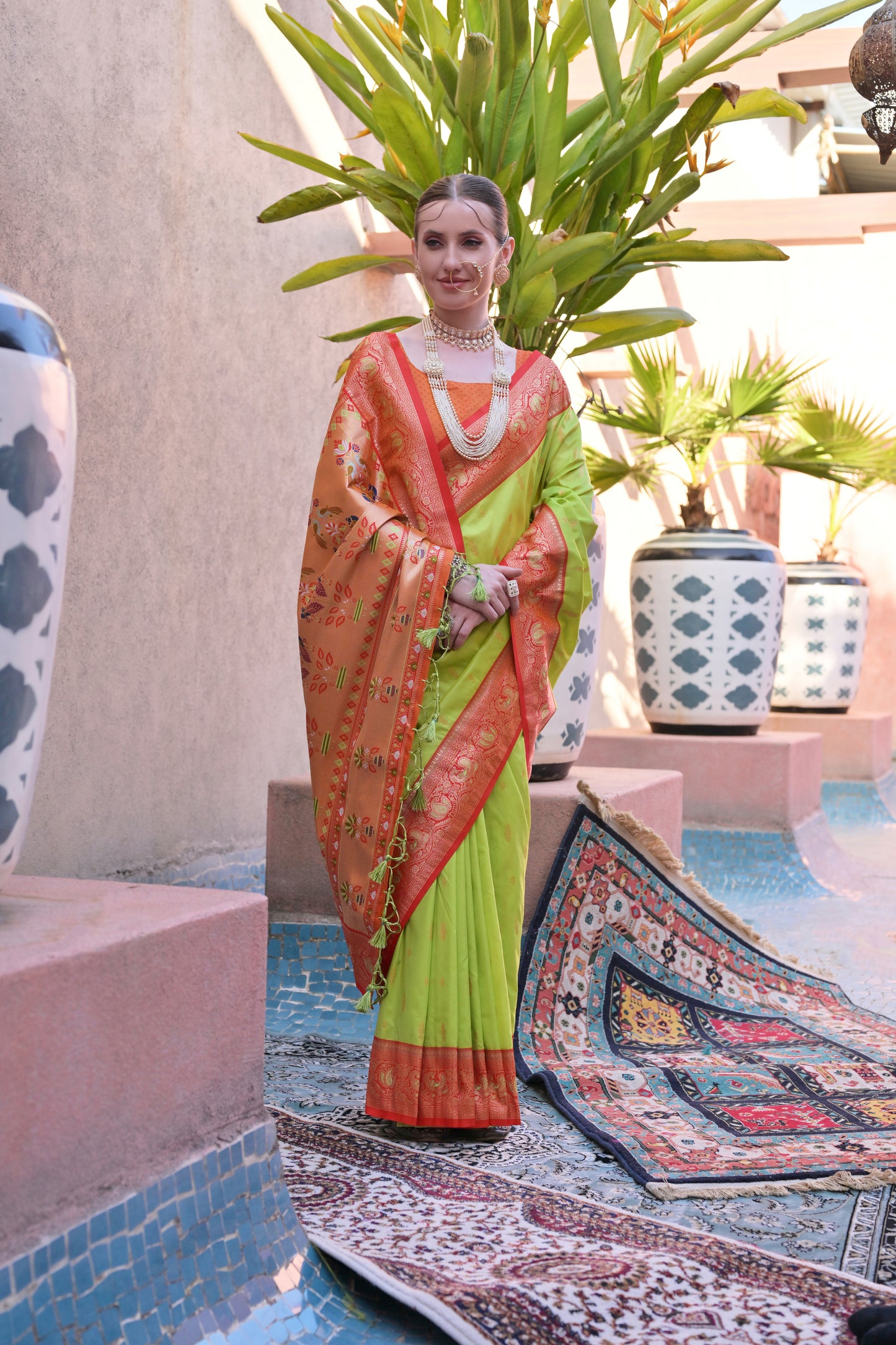 Women Paithani Aarti Pista Saree With Unstiched Blouse