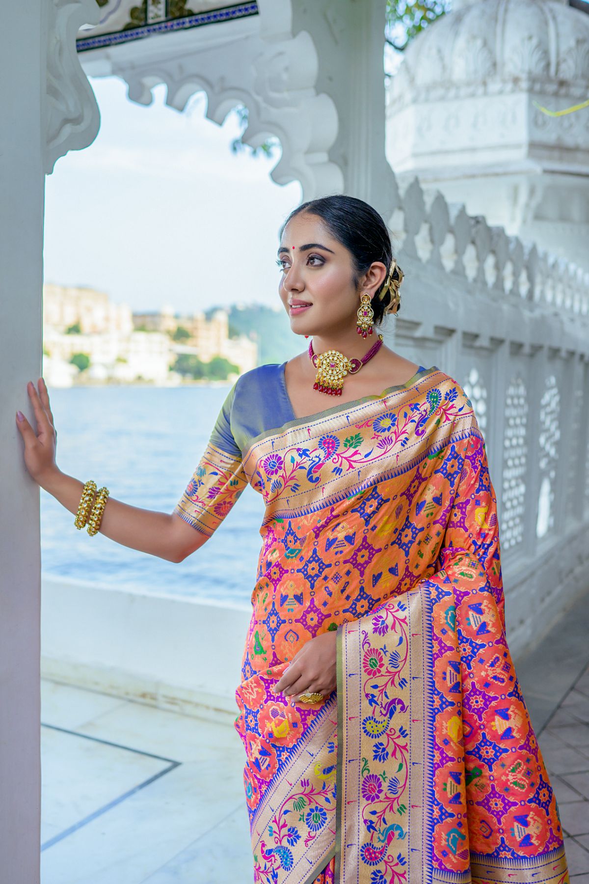 Women Paithani Mena 2 Peach Saree With Unstiched Blouse