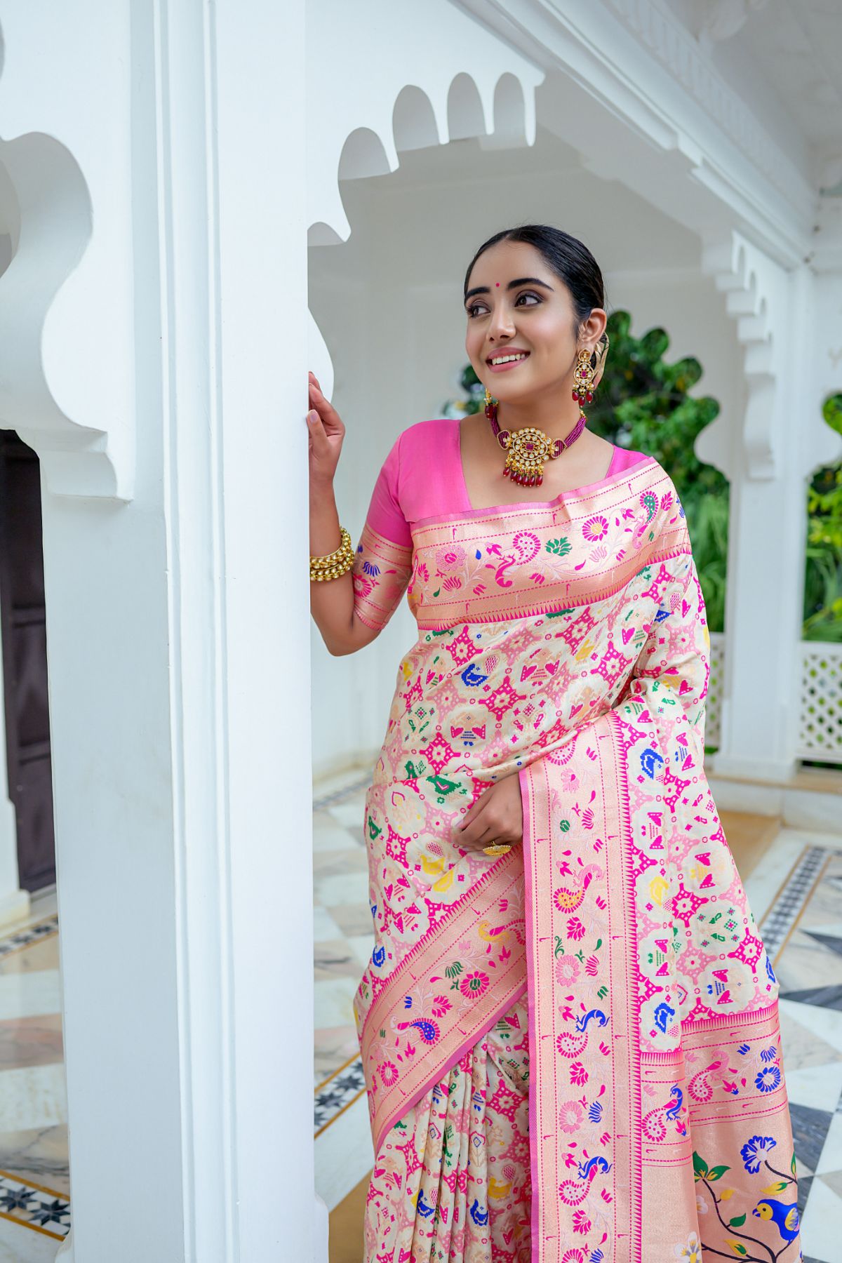 Women Paithani Mena 2 White Saree With Unstiched Blouse