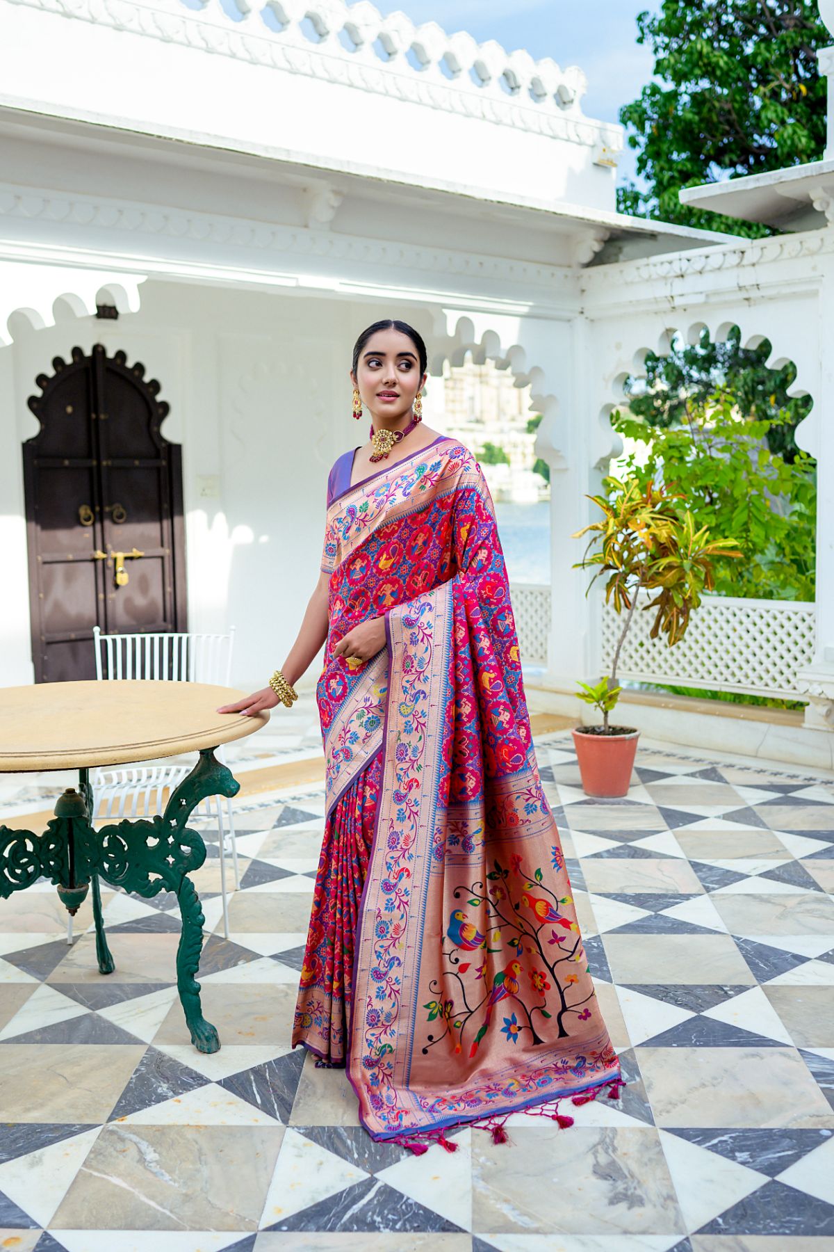 Women Paithani Mena 2 Wine Saree With Unstiched Blouse