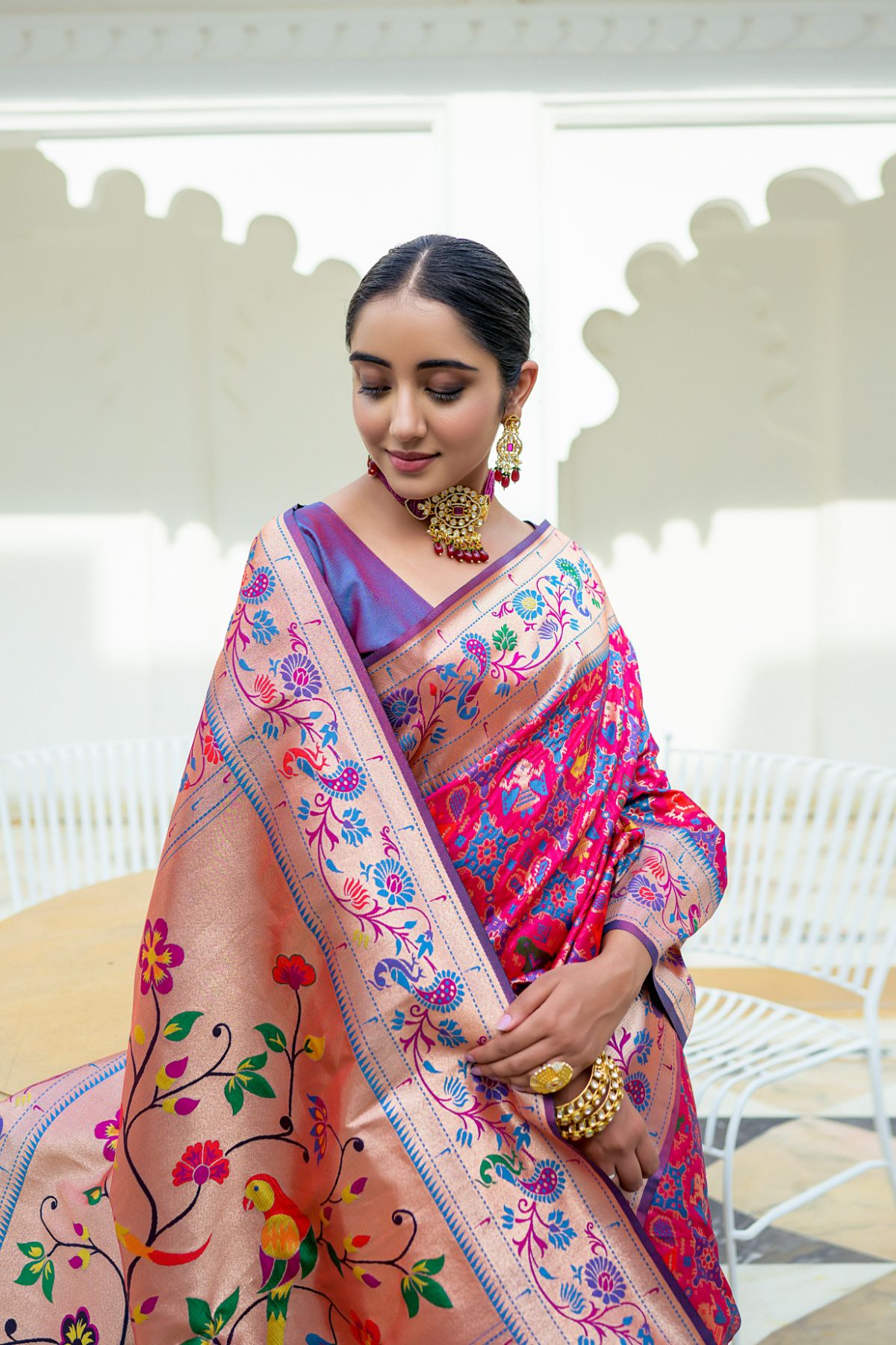 Women Paithani Mena 2 Wine Saree With Unstiched Blouse